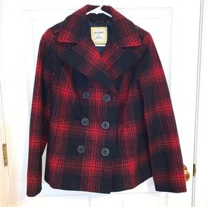 Old Navy Pea Coat - Navy/Burgundy Plaid - M